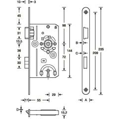 SSF - Einsteckschloss Stulp 20 mm, rund, DIN links, Falle und Riegel Kunststoff